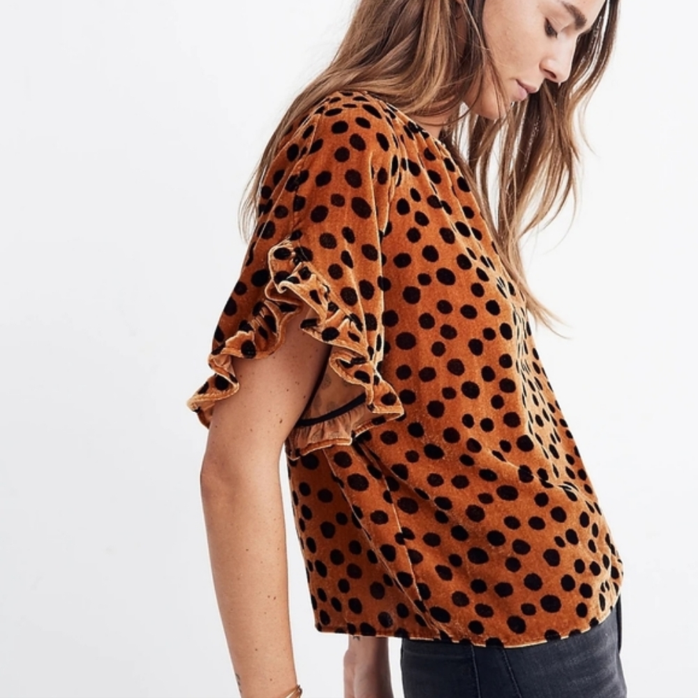 Madewell Velvet Ruffle Sleeve Top Polka Dot Leopard Print Velour Blouse SM